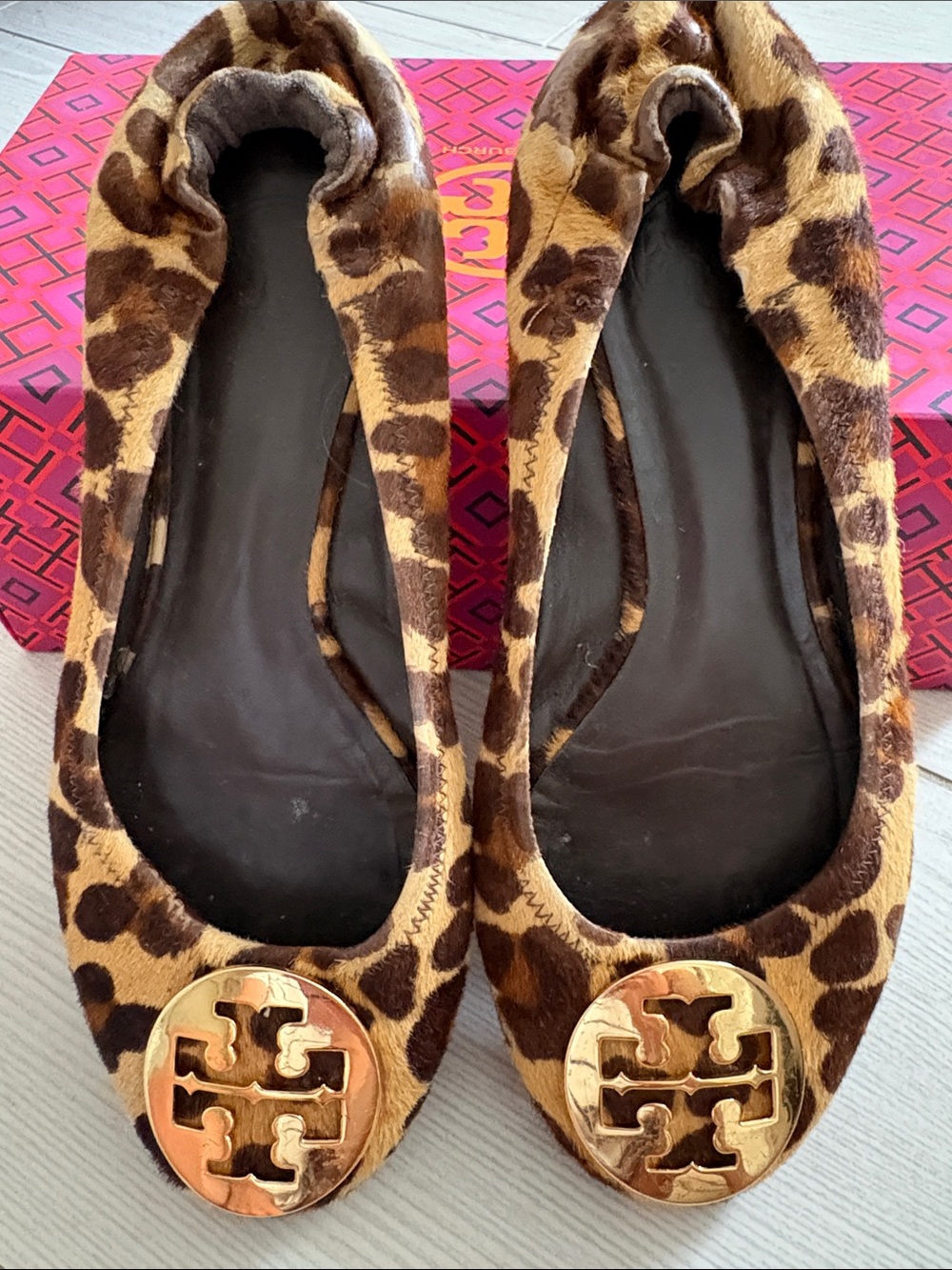 Tory Burch Leopard Calf-Hair Flats with Gold Logo